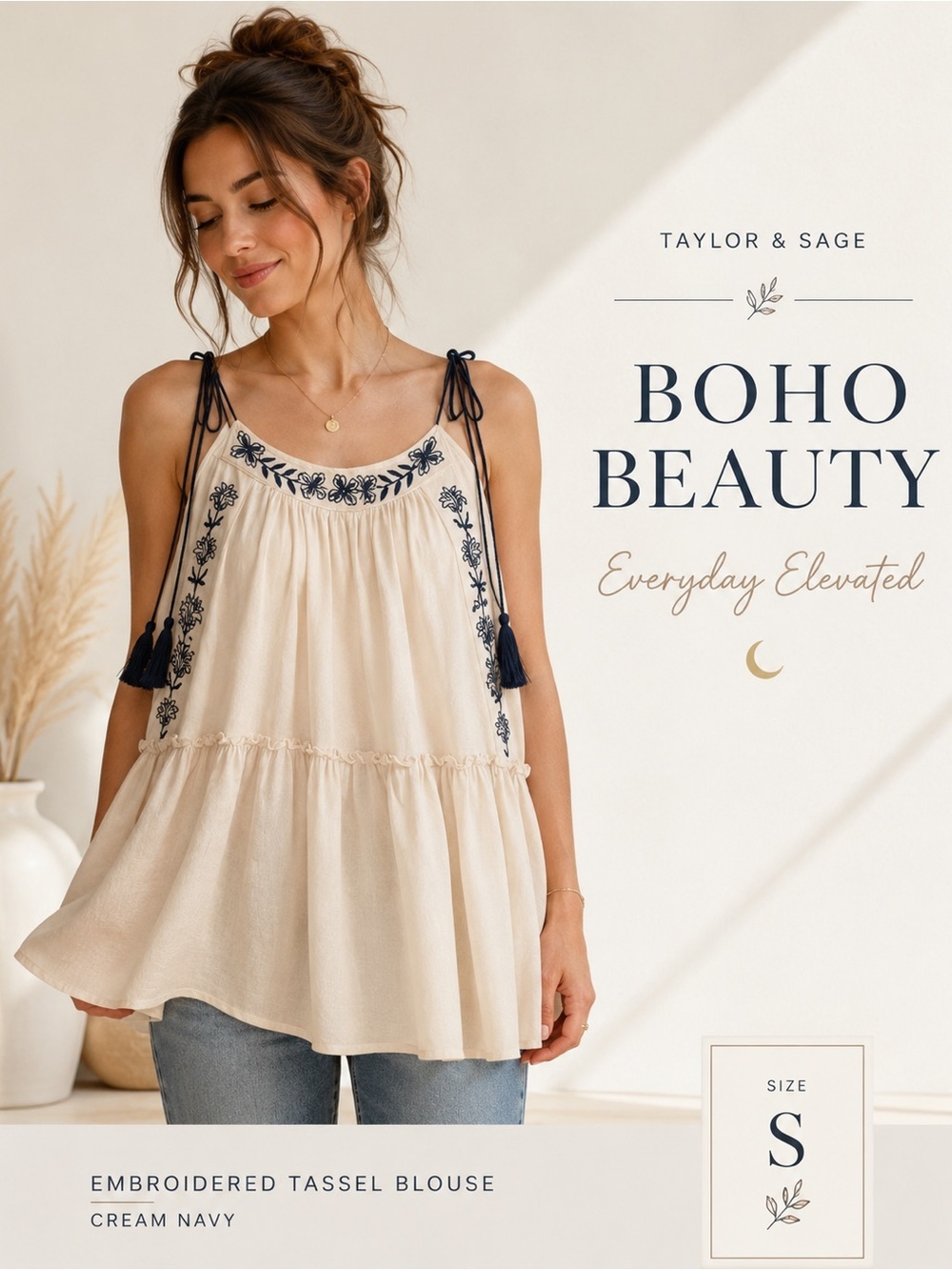 Taylor & Sage Embroidered Tassel Boho Blouse Cream Navy Floral NWT Size S